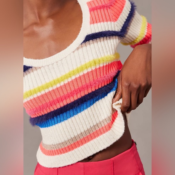 Anthropologie Maeve Short-Sleeve Multi-Stripe Eyelash Sweater Women’s Medium - Picture 3 of 11